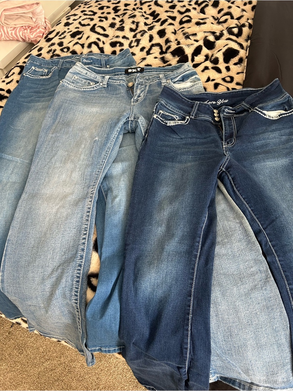 3 Pairs of Women’s Boutique Embroidered Bling Bootcut Jeans - Blue Wash